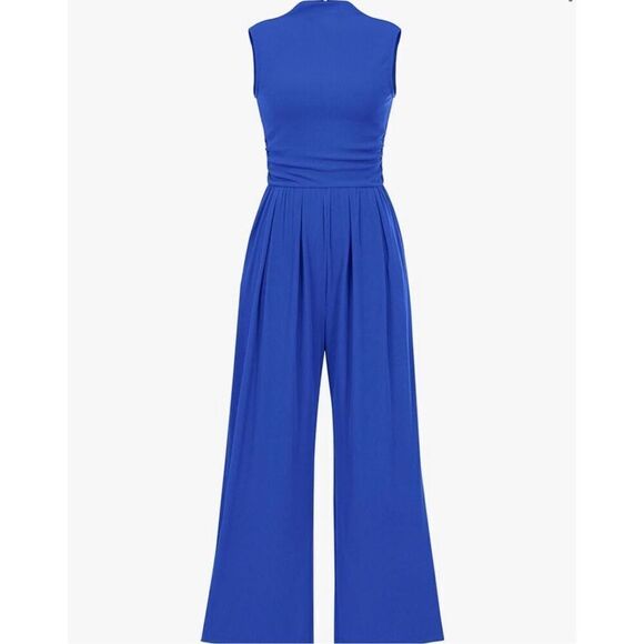 NEW Ribbed Jumpsuit Sleeveless Mock Neck Wide Leg Pants Pockets M - Picture 1 of 6